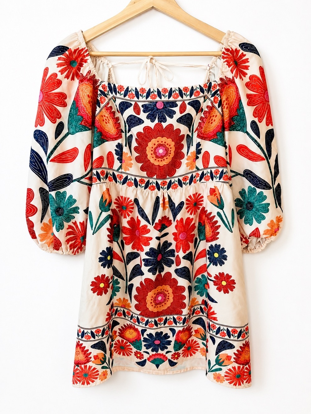 SHEIN Cream Mini Dress with Red, Orange, Teal & Navy Floral Mini Dress -Size Med